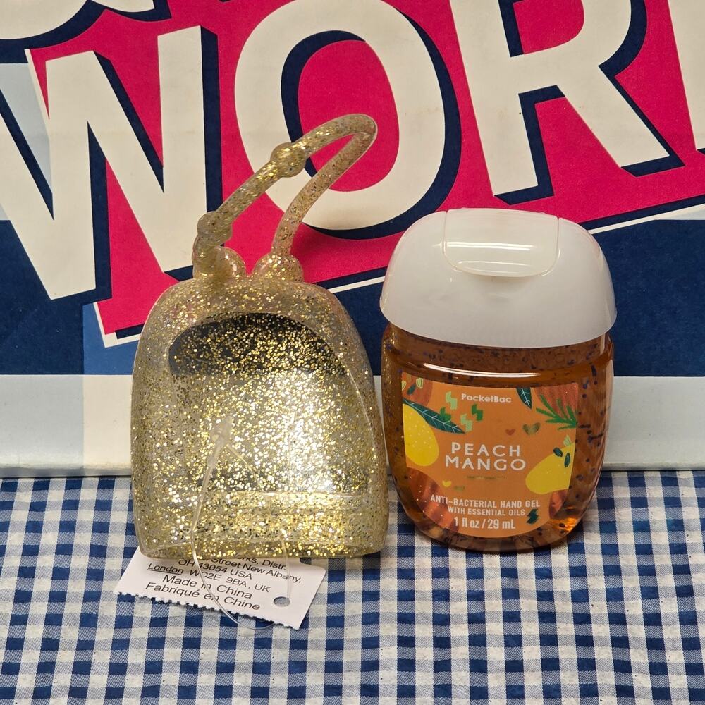 BBW Gold Glitter Rubber Pocketbac Holder & Peach Mango Refill Backpack Bag Purse